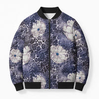 African Leopard Floral Pattern Bomber Puffer Jacket Nile Indigo
