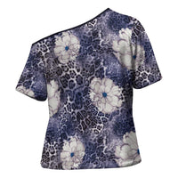African Leopard Floral Pattern Cross Shoulder Shirt Nile Indigo