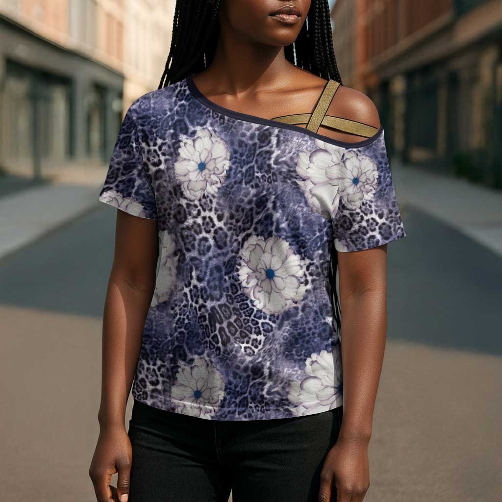 African Leopard Floral Pattern Cross Shoulder Shirt Nile Indigo