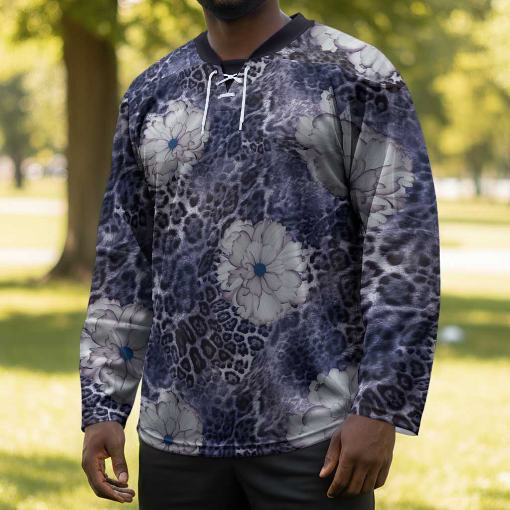 African Leopard Floral Pattern Hockey Jersey Nile Indigo