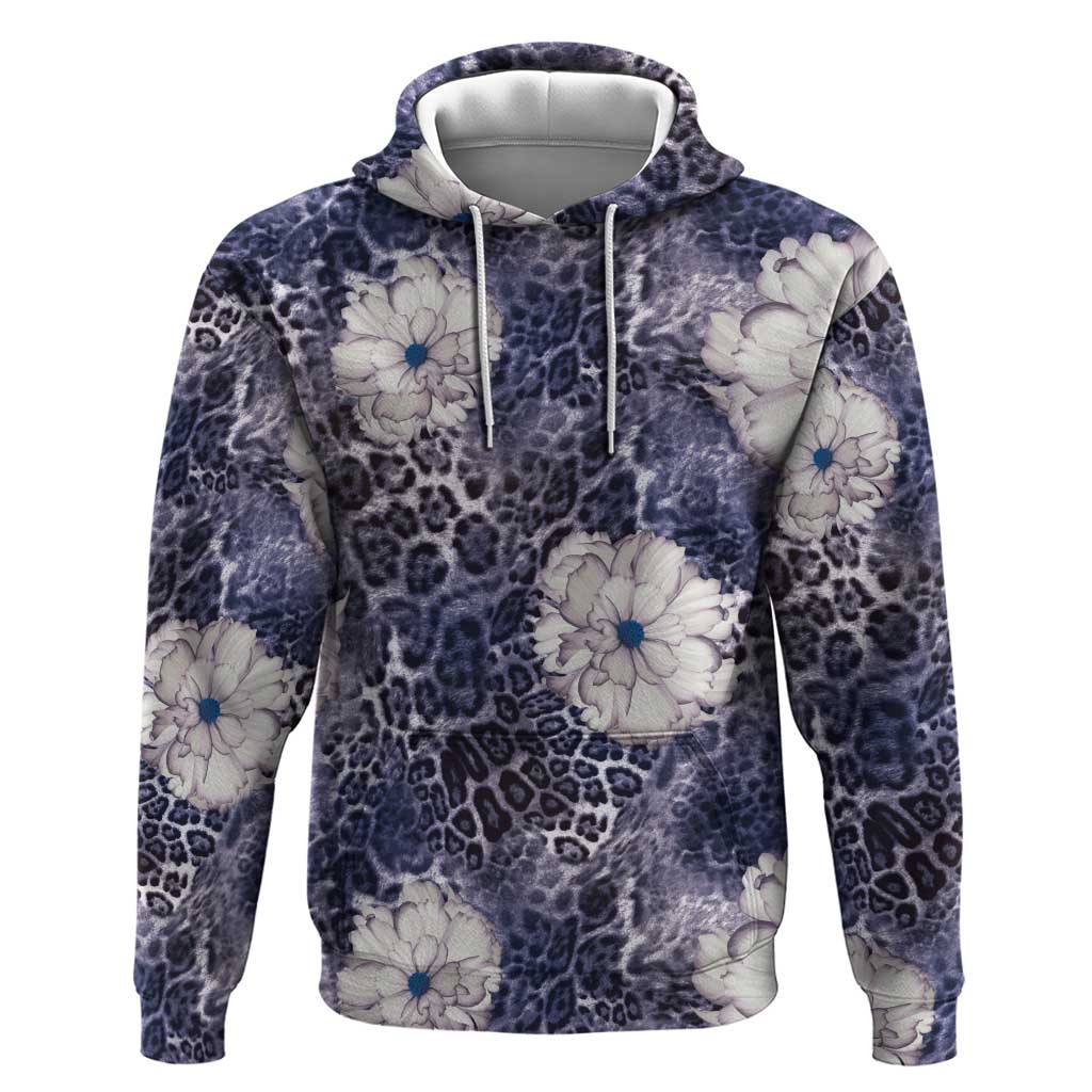 African Leopard Floral Pattern Hoodie Nile Indigo
