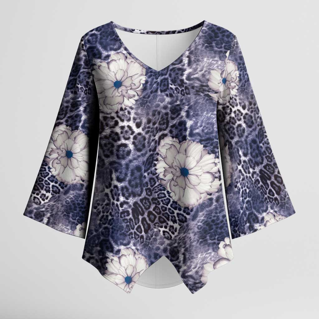 African Leopard Floral Pattern Kimono Sleeve Blouse Nile Indigo