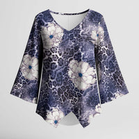 African Leopard Floral Pattern Kimono Sleeve Blouse Nile Indigo