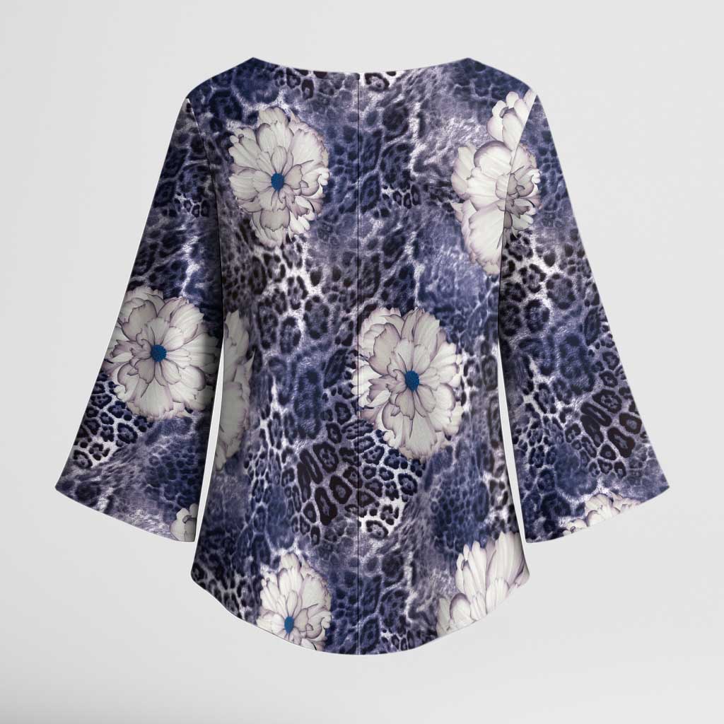 African Leopard Floral Pattern Kimono Sleeve Blouse Nile Indigo