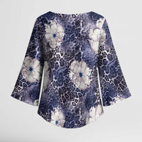 African Leopard Floral Pattern Kimono Sleeve Blouse Nile Indigo