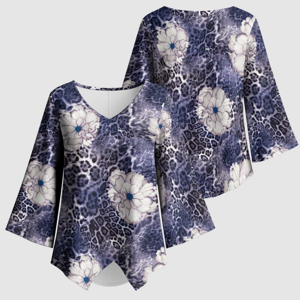African Leopard Floral Pattern Kimono Sleeve Blouse Nile Indigo