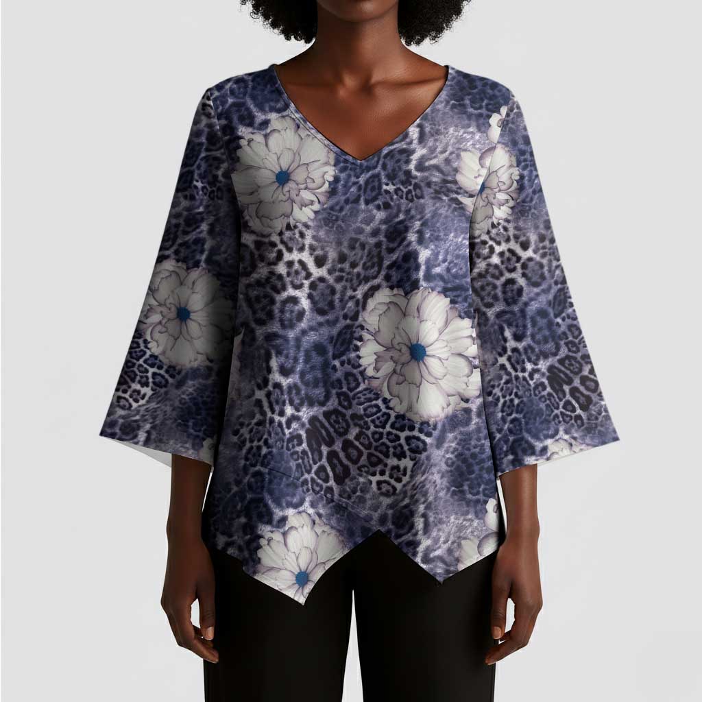 African Leopard Floral Pattern Kimono Sleeve Blouse Nile Indigo
