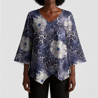 African Leopard Floral Pattern Kimono Sleeve Blouse Nile Indigo