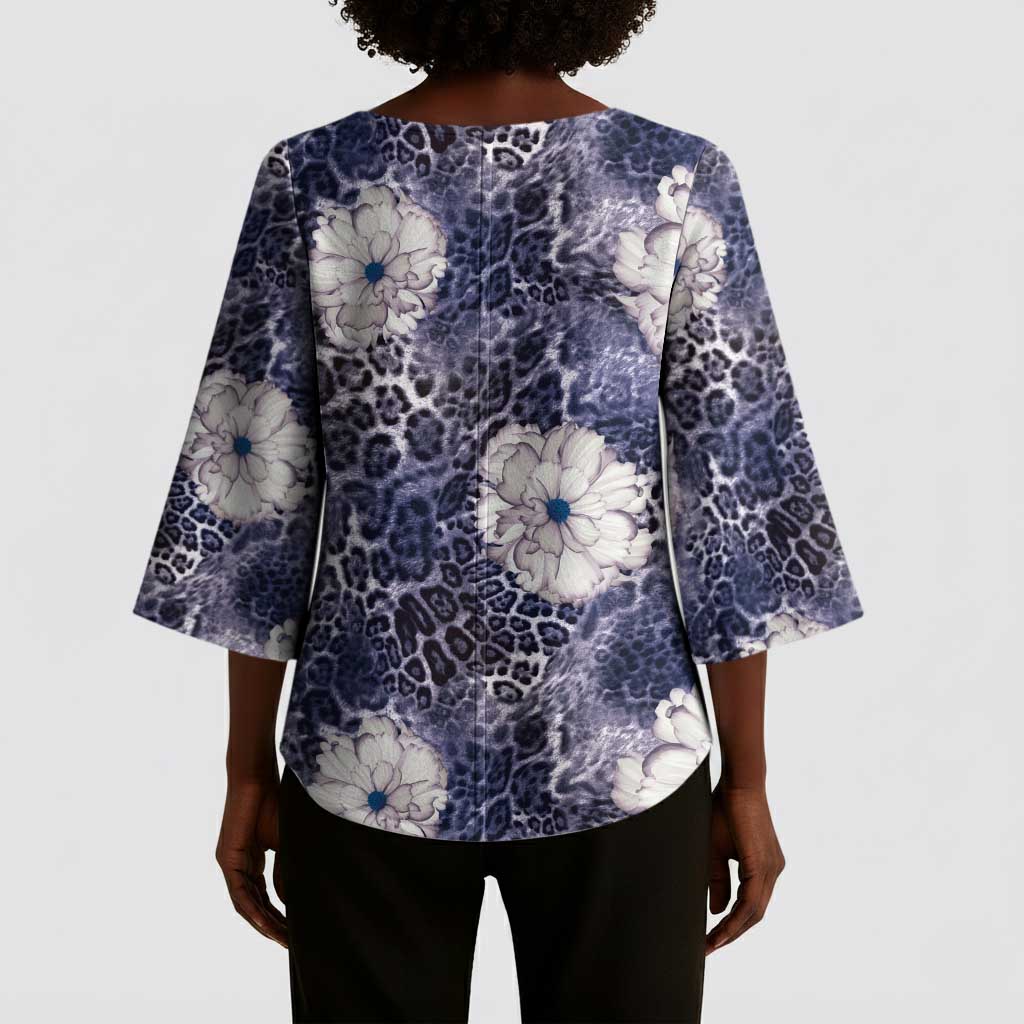 African Leopard Floral Pattern Kimono Sleeve Blouse Nile Indigo