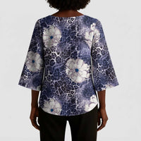 African Leopard Floral Pattern Kimono Sleeve Blouse Nile Indigo