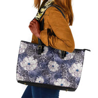 African Leopard Floral Pattern Leather Tote Bag Nile Indigo