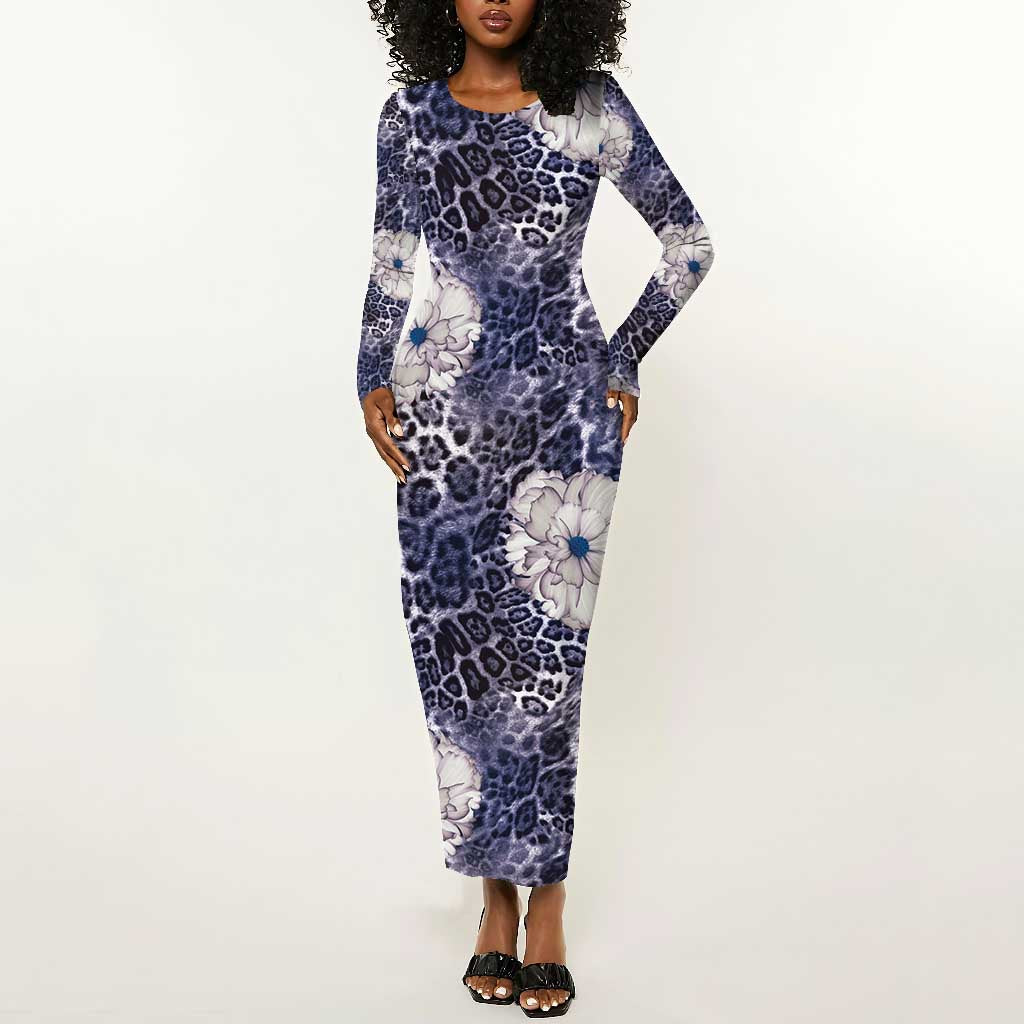 African Leopard Floral Pattern Long Sleeve Bodycon Dress Nile Indigo