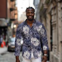 African Leopard Floral Pattern Long Sleeve Button Shirt Nile Indigo