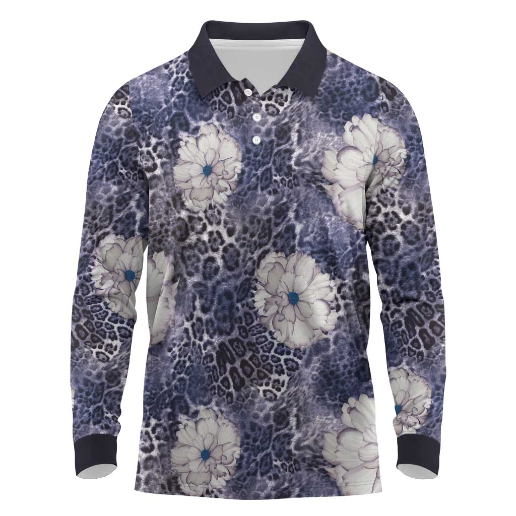 African Leopard Floral Pattern Long Sleeve Polo Shirt Nile Indigo
