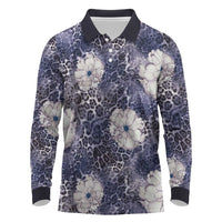 African Leopard Floral Pattern Long Sleeve Polo Shirt Nile Indigo