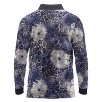 African Leopard Floral Pattern Long Sleeve Polo Shirt Nile Indigo
