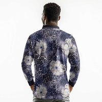 African Leopard Floral Pattern Long Sleeve Polo Shirt Nile Indigo