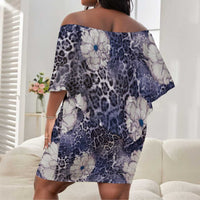 African Leopard Floral Pattern Off Shoulder Short Dress Nile Indigo