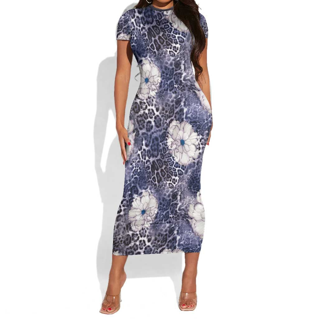 African Leopard Floral Pattern Short Sleeve Bodycon Dress Nile Indigo
