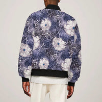 African Leopard Floral Pattern Sleeve Zip Bomber Jacket Nile Indigo