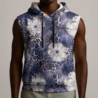 African Leopard Floral Pattern Sleeveless Hoodie Nile Indigo