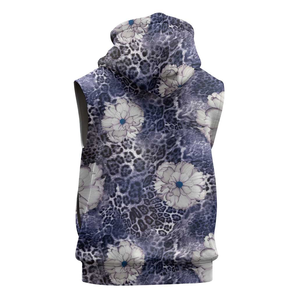 African Leopard Floral Pattern Sleeveless Zip Hoodie Nile Indigo