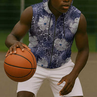 African Leopard Floral Pattern Sleeveless Zip Hoodie Nile Indigo