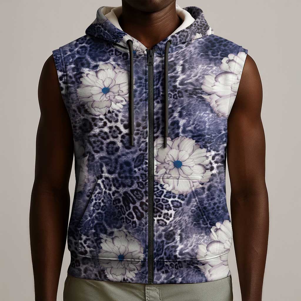 African Leopard Floral Pattern Sleeveless Zip Hoodie Nile Indigo