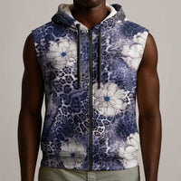 African Leopard Floral Pattern Sleeveless Zip Hoodie Nile Indigo