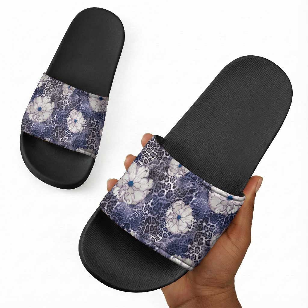 African Leopard Floral Pattern Slide Sandals Nile Indigo