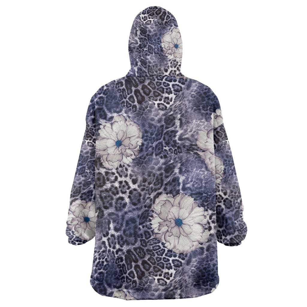 African Leopard Floral Pattern Wearable Blanket Hoodie Nile Indigo