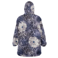 African Leopard Floral Pattern Wearable Blanket Hoodie Nile Indigo