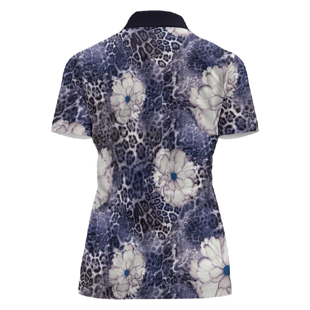 African Leopard Floral Pattern Women Polo Shirt Nile Indigo