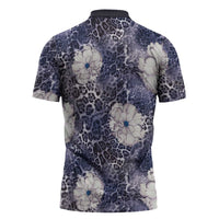 African Leopard Floral Pattern Zipper Polo Shirt Nile Indigo