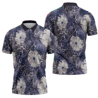 African Leopard Floral Pattern Zipper Polo Shirt Nile Indigo