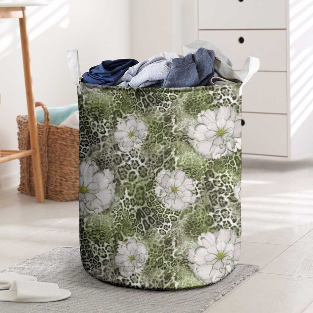 African Leopard Floral Pattern Laundry Basket Safari Moss