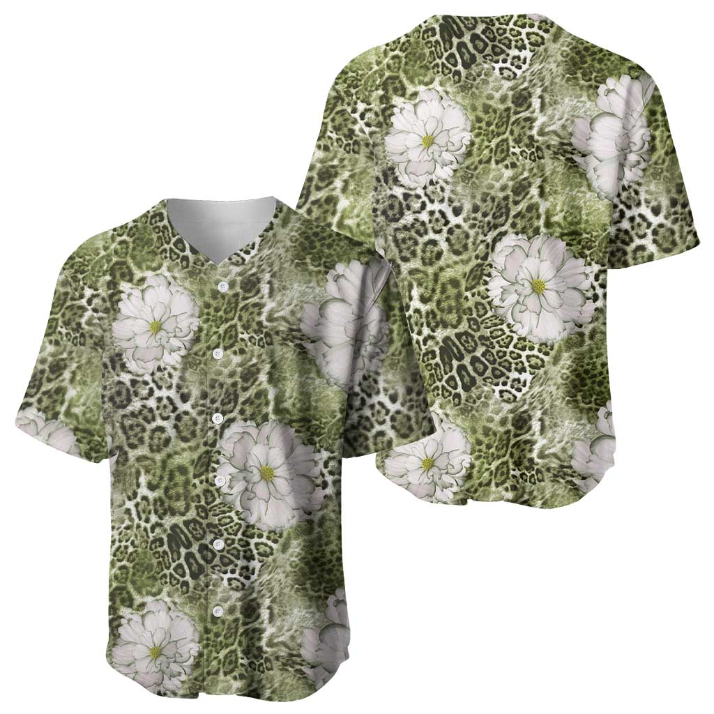 African Leopard Floral Pattern Baseball Jersey Safari Moss