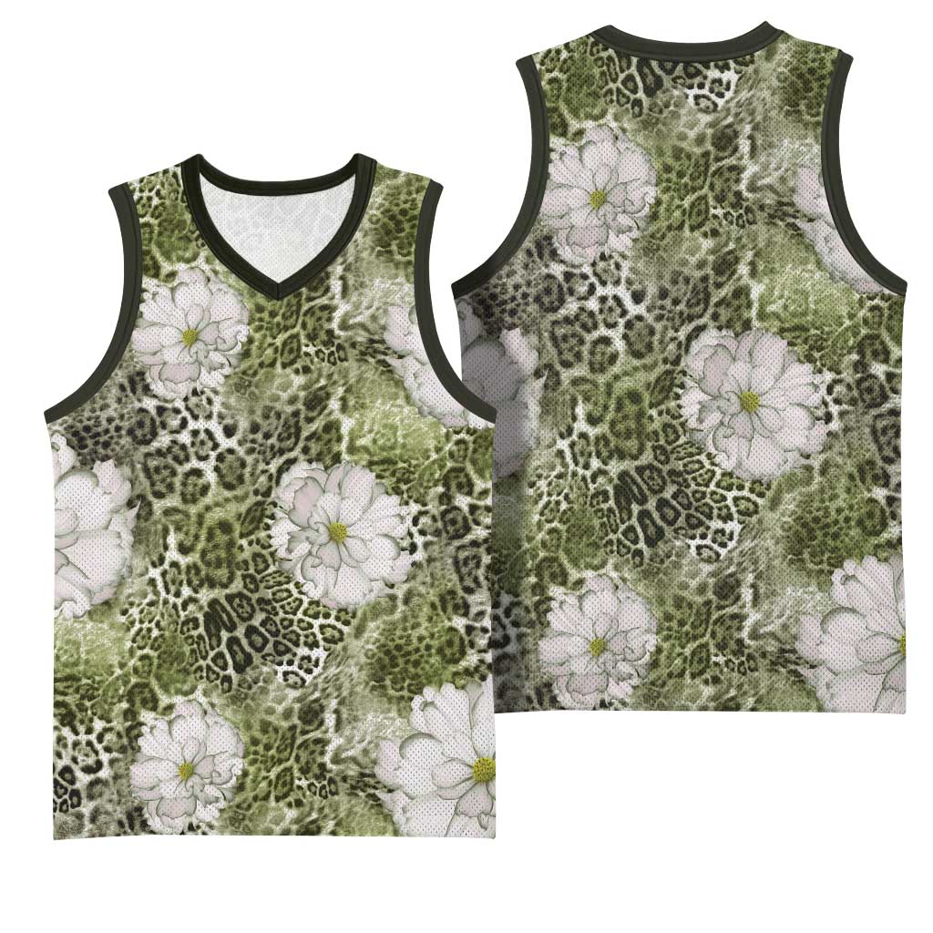 African Leopard Floral Pattern Basketball Jersey Safari Moss
