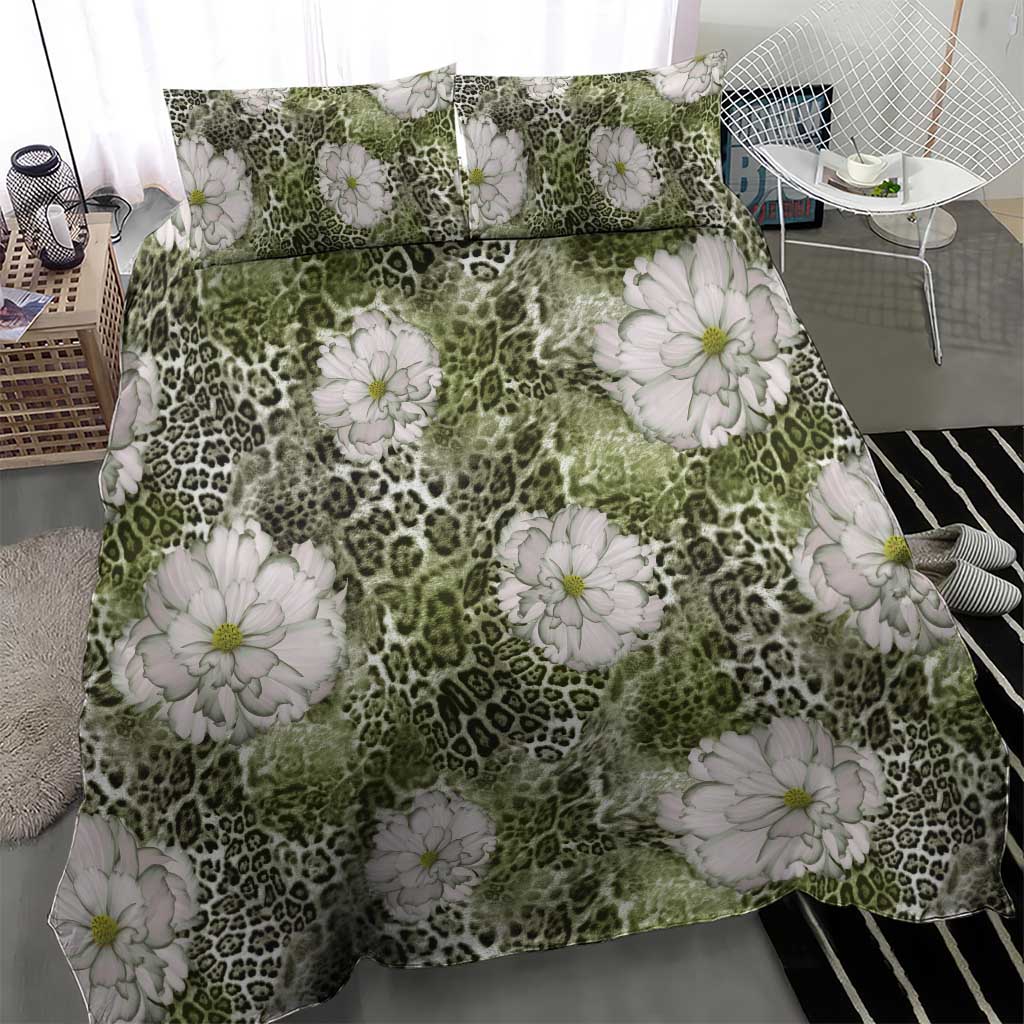 African Leopard Floral Pattern Bedding Set Safari Moss
