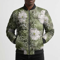 African Leopard Floral Pattern Bomber Puffer Jacket Safari Moss