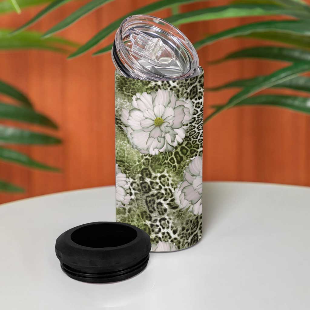 African Leopard Floral Pattern 4 in 1 Can Cooler Tumbler Safari Moss