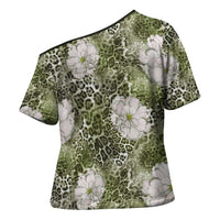 African Leopard Floral Pattern Cross Shoulder Shirt Safari Moss
