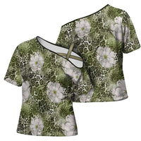 African Leopard Floral Pattern Cross Shoulder Shirt Safari Moss