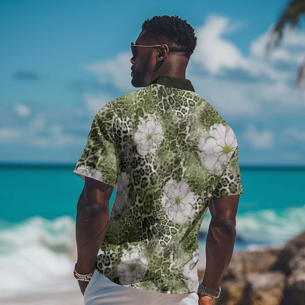African Leopard Floral Pattern Hawaiian Shirt Safari Moss