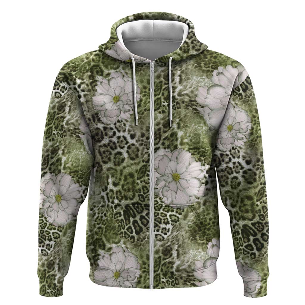 African Leopard Floral Pattern Hoodie Safari Moss