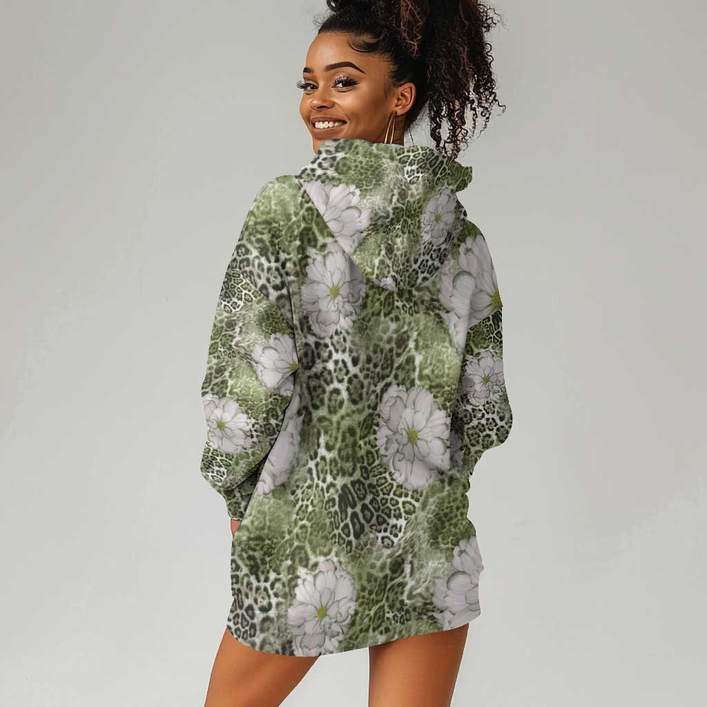 African Leopard Floral Pattern Hoodie Dress Safari Moss