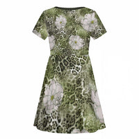 African Leopard Floral Pattern Kid Short Sleeve Dress Safari Moss