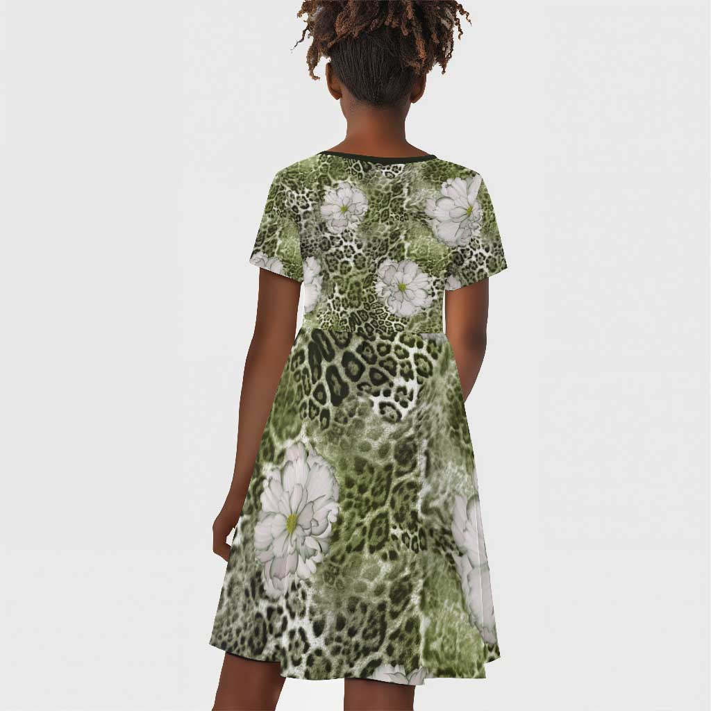 African Leopard Floral Pattern Kid Short Sleeve Dress Safari Moss