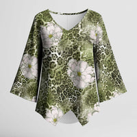 African Leopard Floral Pattern Kimono Sleeve Blouse Safari Moss