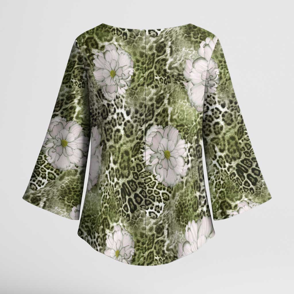 African Leopard Floral Pattern Kimono Sleeve Blouse Safari Moss